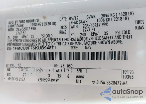 2019 Ford Escape S z USA, uszkodzony, nr VIN 1FMCU0F76KUB94871